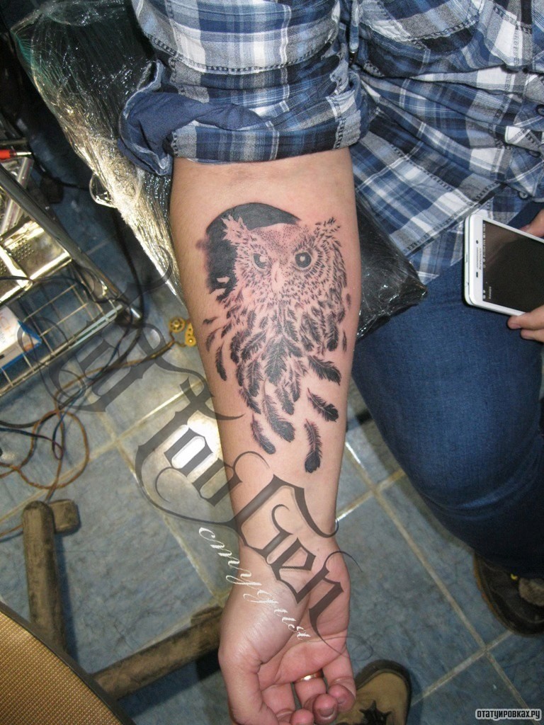 Фотография татуировки под названием «Сова в перьях»