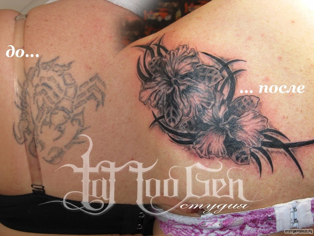 Фотография татуировки под названием «Две лилии и трайбл узор»