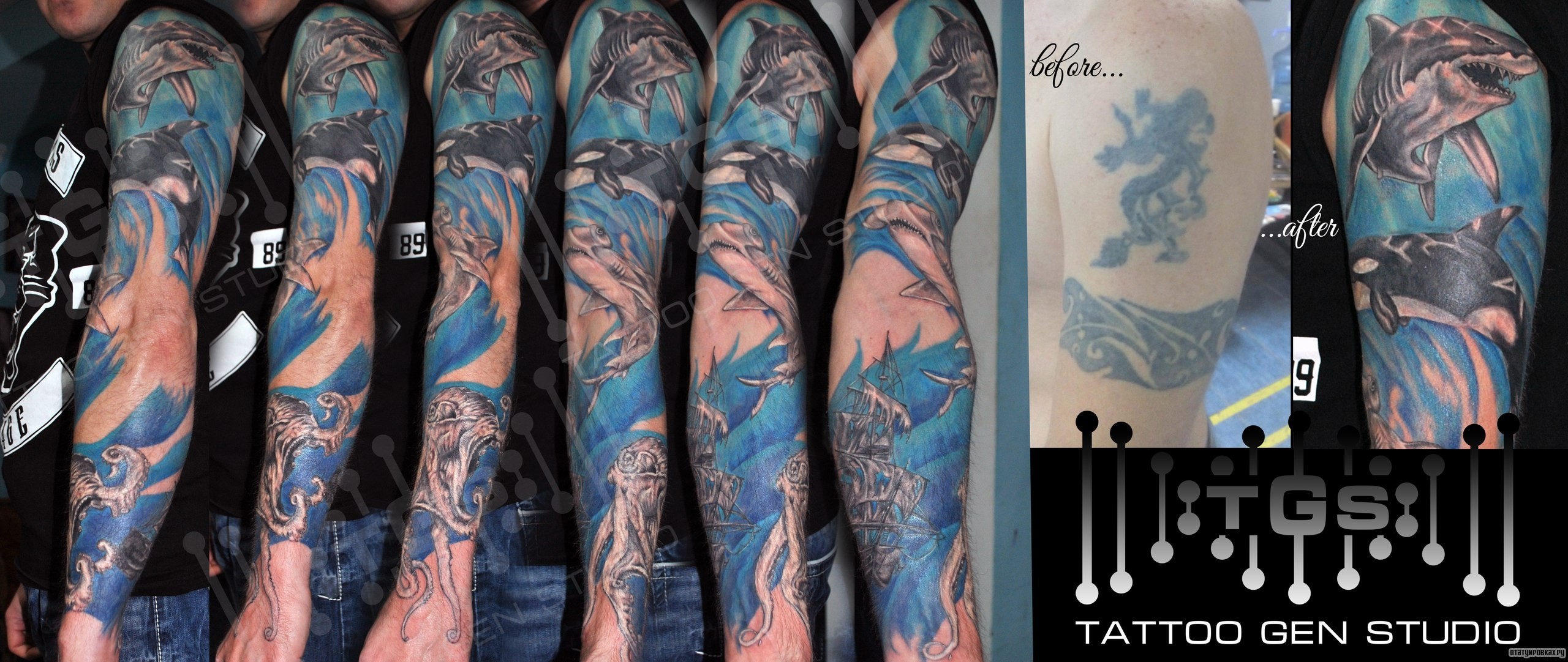 Фотография татуировки под названием «Акулы под водой»