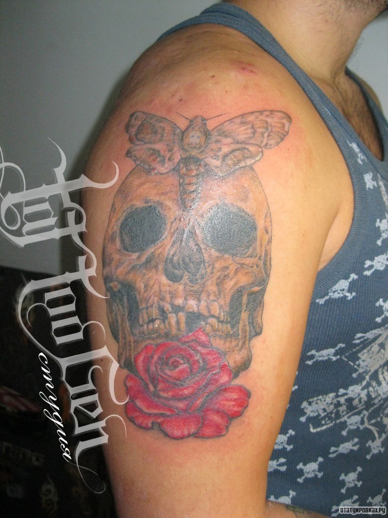Фотография татуировки под названием «Череп, роза и мотылек»
