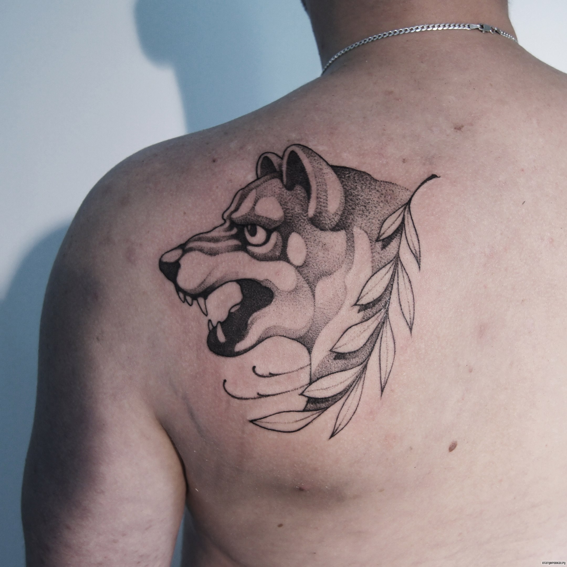 Фотография татуировки под названием «Оскал волка и ветка»