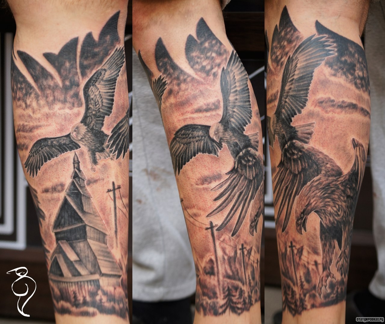 Фотография татуировки под названием «Орел над деревней»