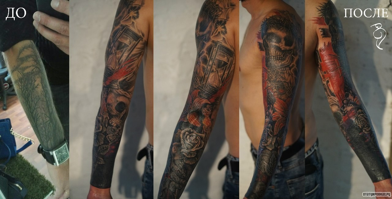 Фотография татуировки под названием «Череп, весы песочные, розы»