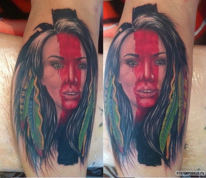 Фотография татуировки под названием «Девушка с красной линией на лице»