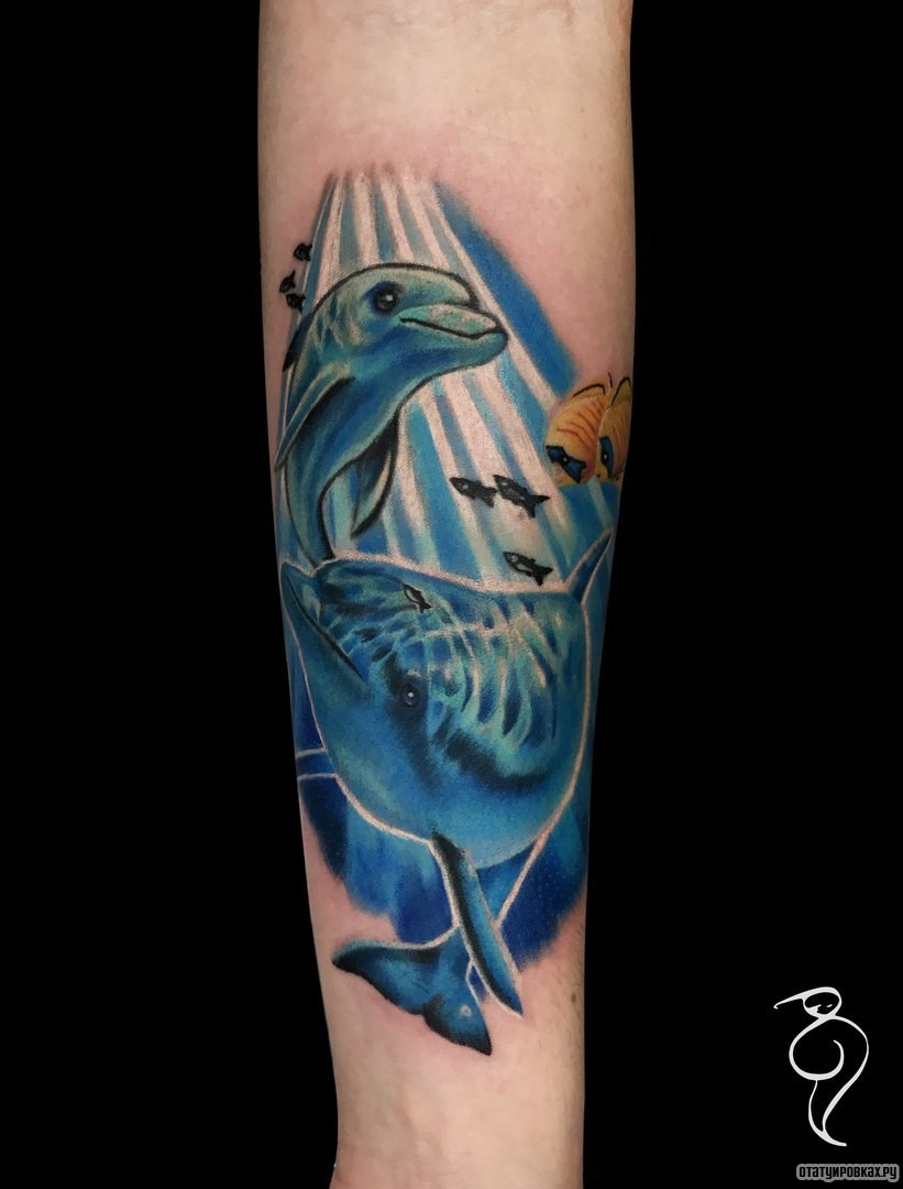 Фотография татуировки под названием «Два дельфина под водой»