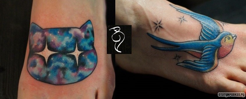 Фотография татуировки под названием «Ласточка и кот»