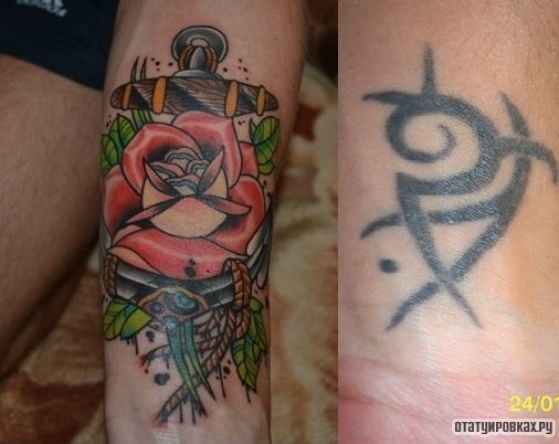 Фотография татуировки под названием «Якорь и роза»