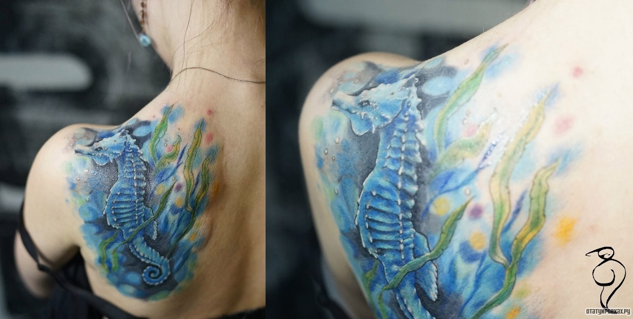 Фотография татуировки под названием «Синий морской конек»