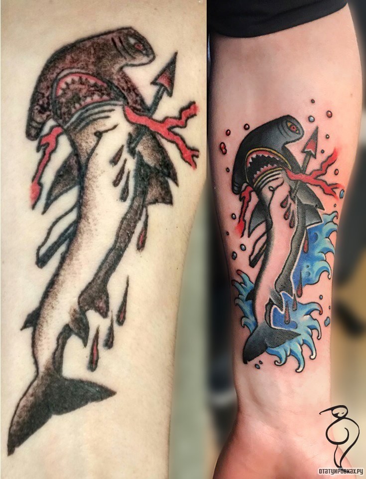 Фотография татуировки под названием «Акула молот со стрелой»