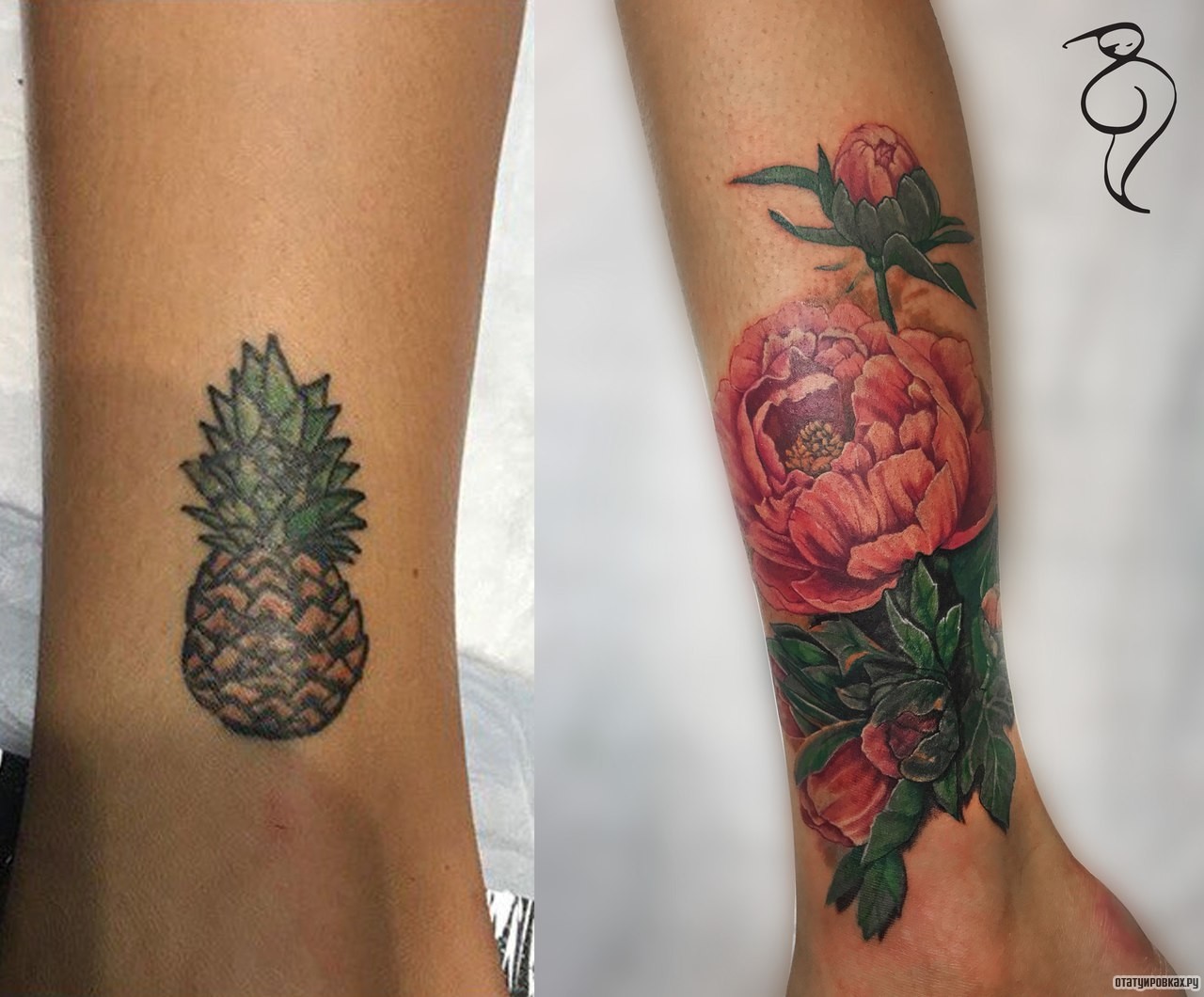Фотография татуировки под названием «Пионы и ананас»