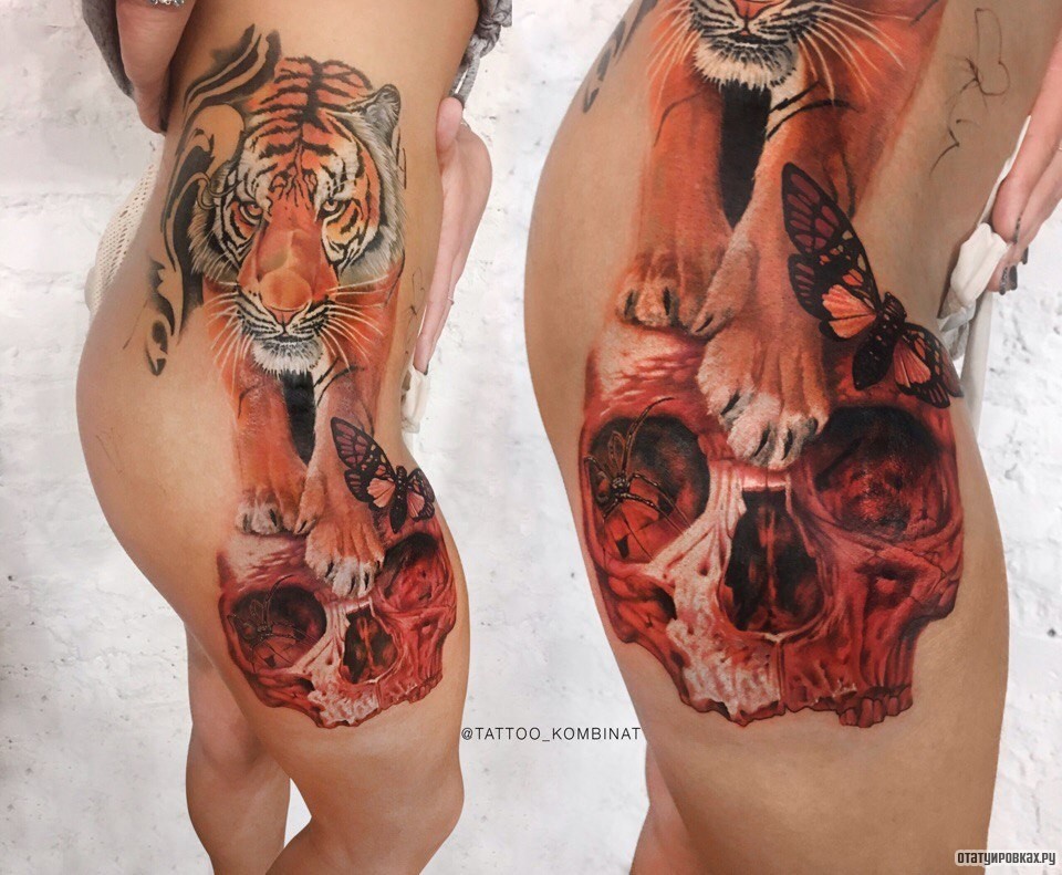 Фотография татуировки под названием «Череп, бабочки и тигр»