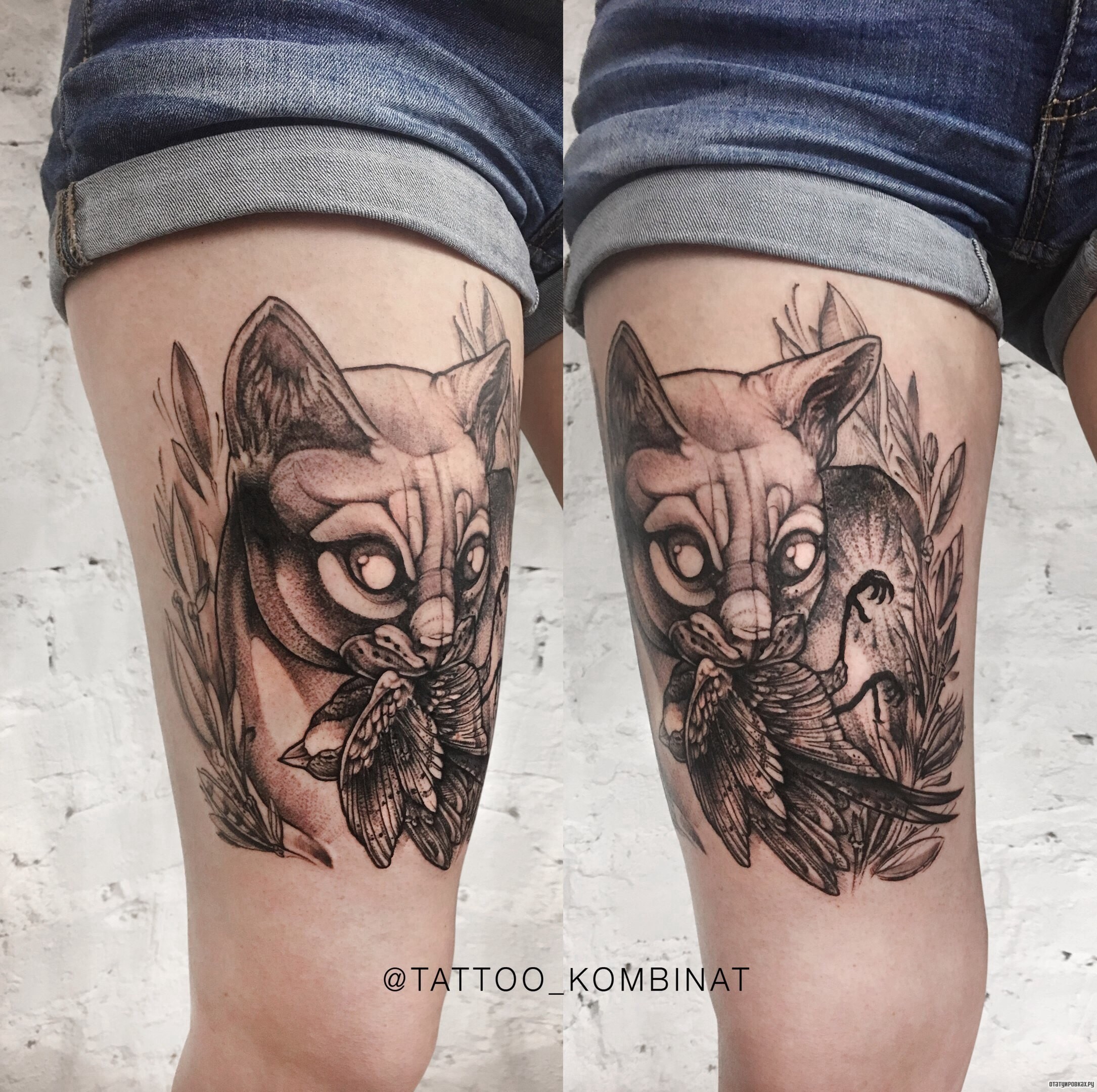 Фотография татуировки под названием «Кот поймал ласточку»