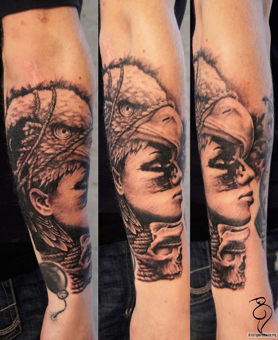 Фотография татуировки под названием «Девушка с орлом на голове»