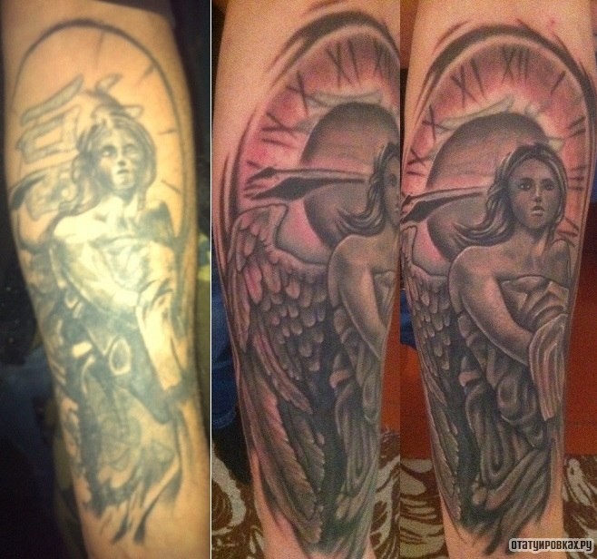 Фотография татуировки под названием «Ангел на фоне часов»