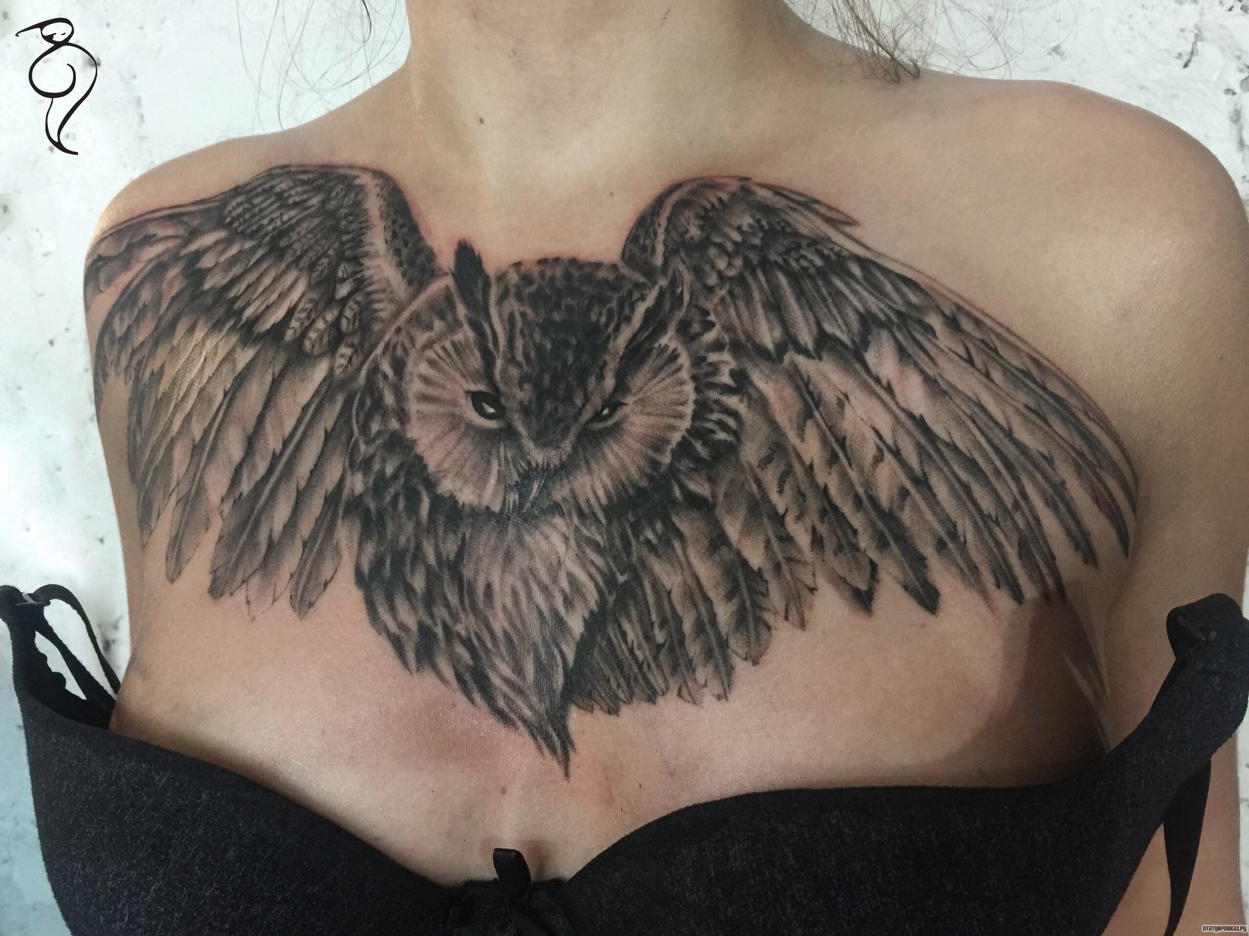 Фотография татуировки под названием «Большая сова в полете»