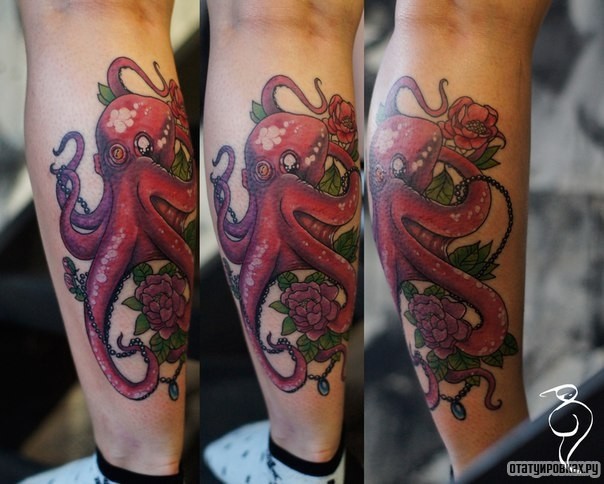 Фотография татуировки под названием «Осьминог и розы»