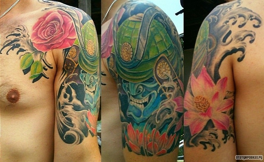 Фотография татуировки под названием «Демон, роза и лилия»