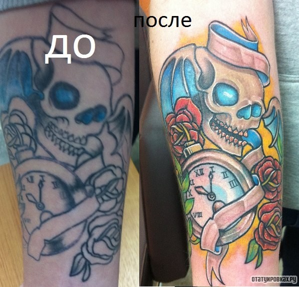 Фотография татуировки под названием «Череп с часами и роза»