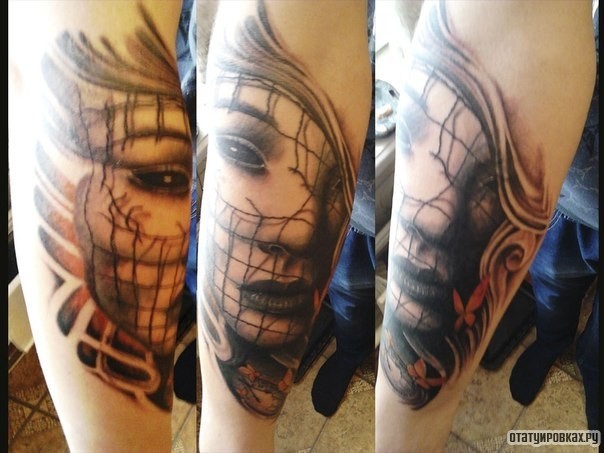 Фотография татуировки под названием «Лицо девушки за сеткой»