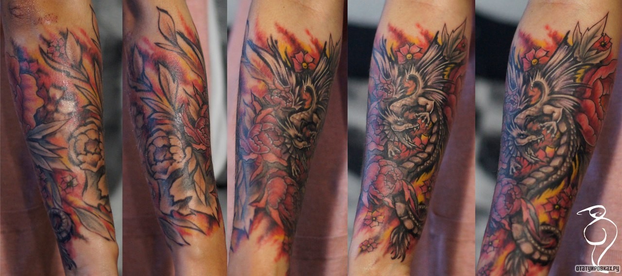 Фотография татуировки под названием «Дракон и пион»