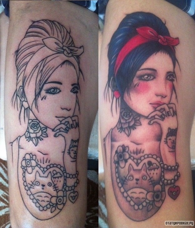 Фотография татуировки под названием «Девушка с красной повязкой на голове»