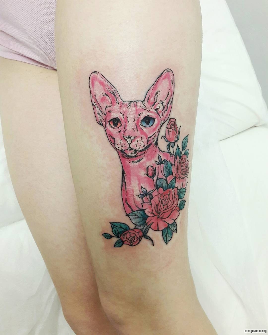 Фотография татуировки под названием «Красный чеширский кот и розы»