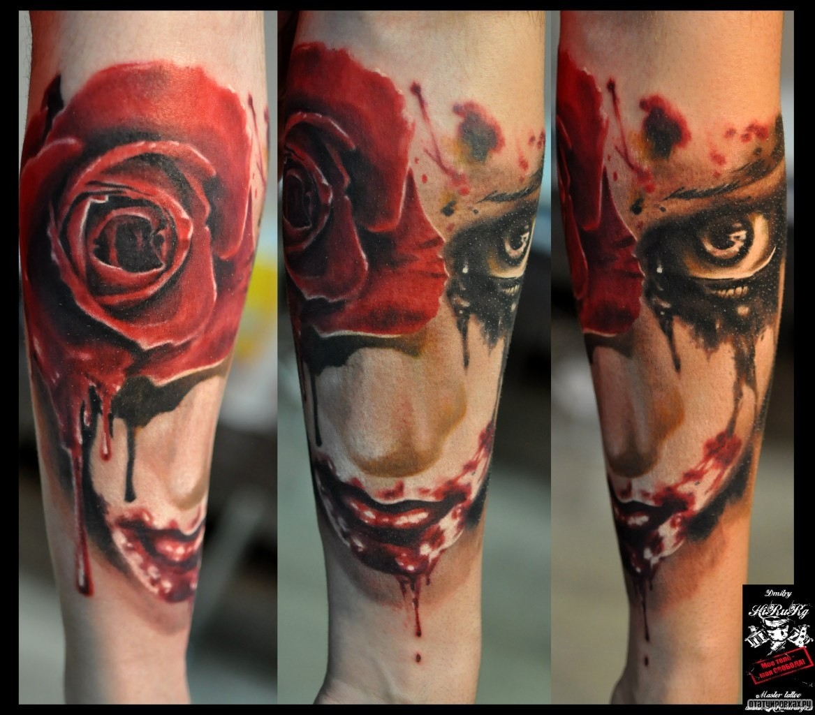 Фотография татуировки под названием «Лицо девушки с розой»