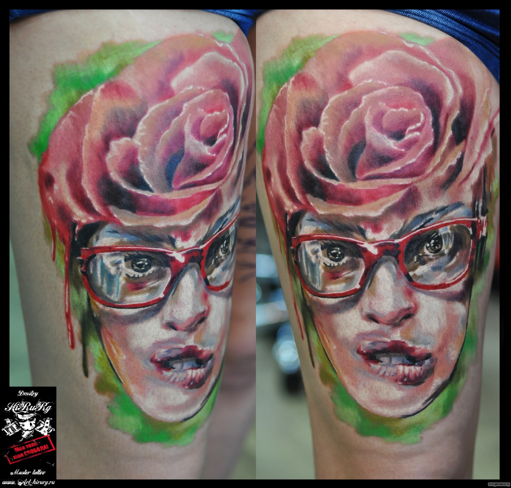 Фотография татуировки под названием «Девушка в очках с розой на голове»