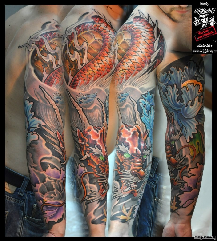 Фотография татуировки под названием «Карп и дракон японский рукав»