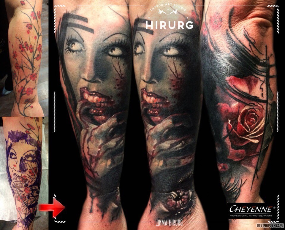 Фотография татуировки под названием «Девушка в крови и роза»