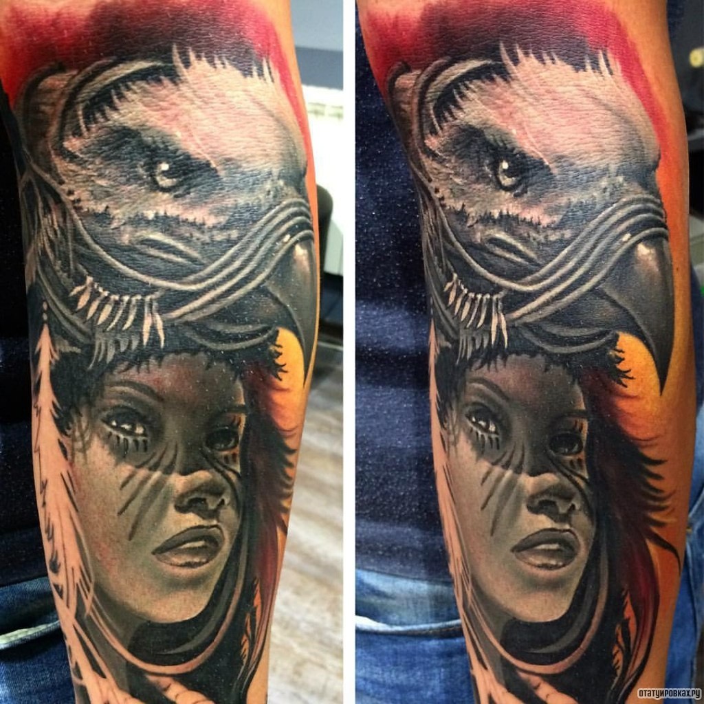 Фотография татуировки под названием «Девушка в шапке орла»