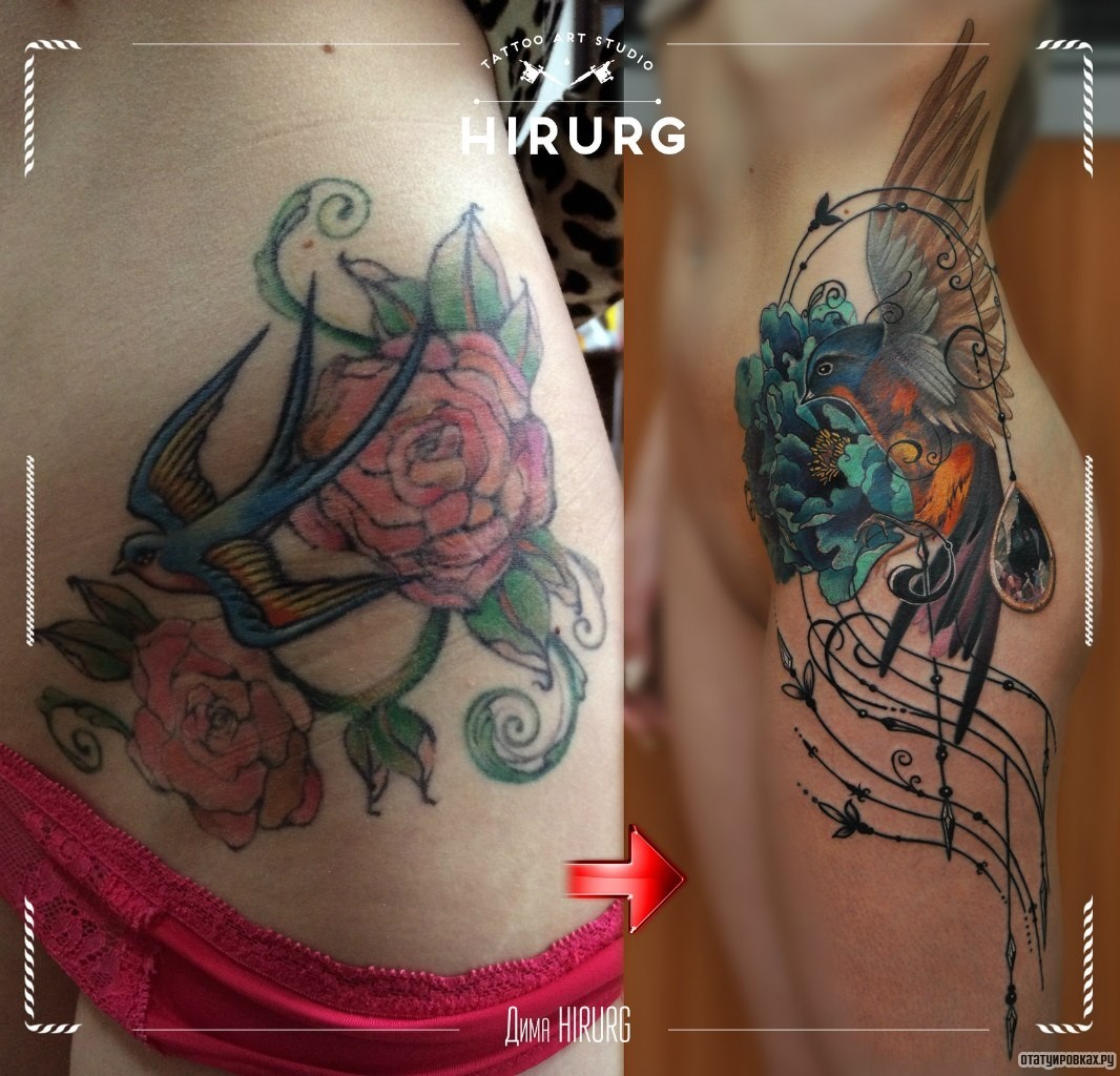 Фотография татуировки под названием «Пион и ласточка»