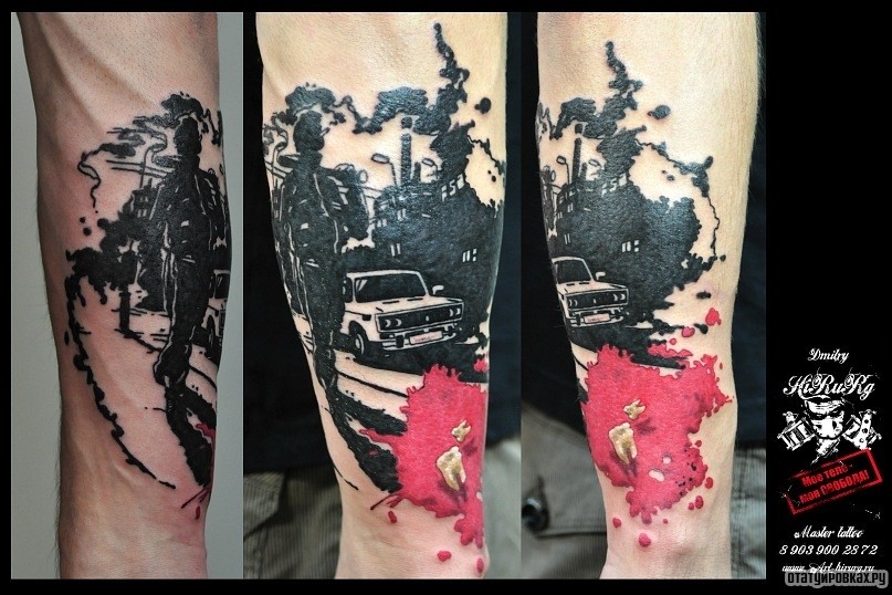 Фотография татуировки под названием «Автомобиль и человек»
