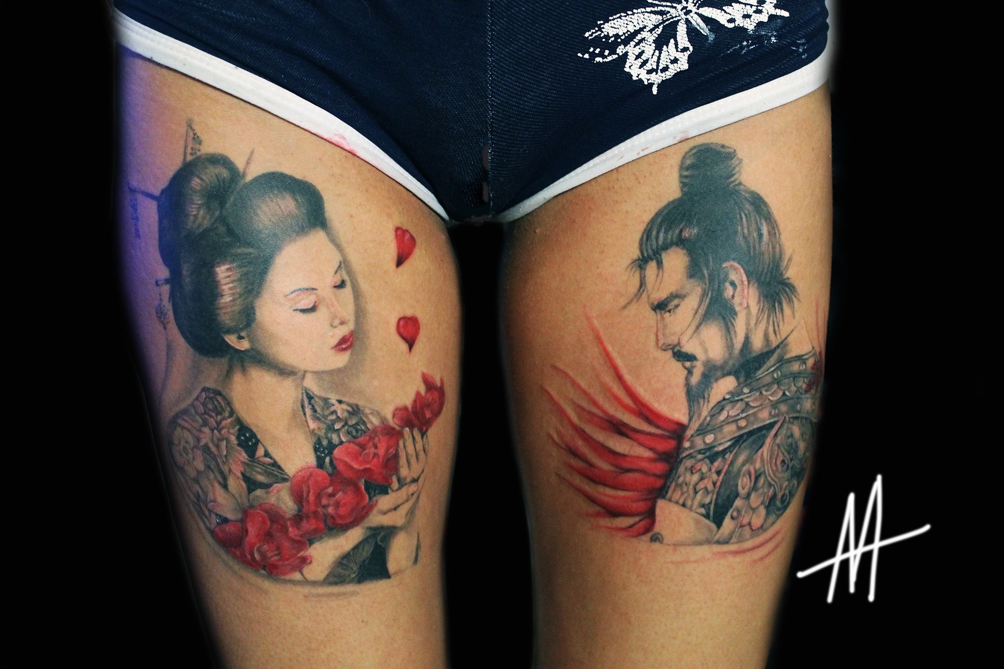 Фотография татуировки под названием «гейша и самурай»