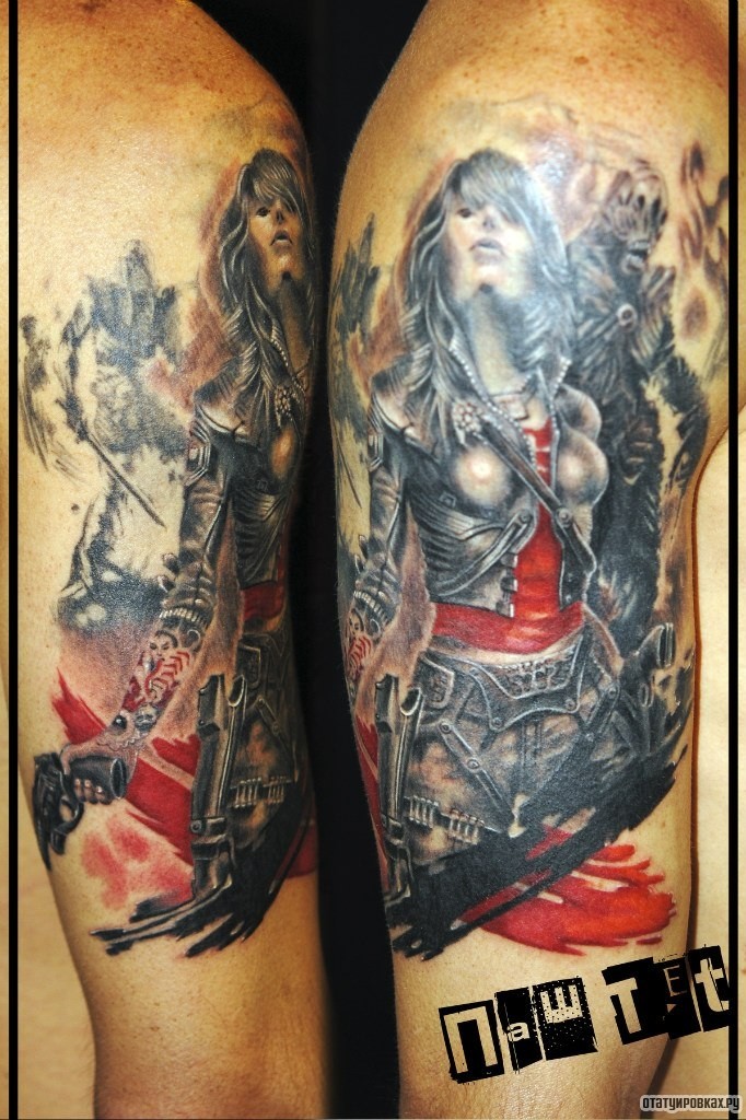 Фотография татуировки под названием «Девушка с пистолетом»