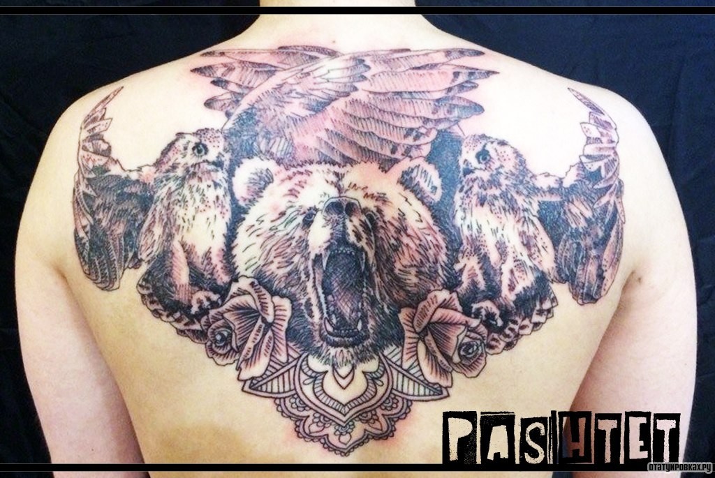 Фотография татуировки под названием «Сова, медведь»