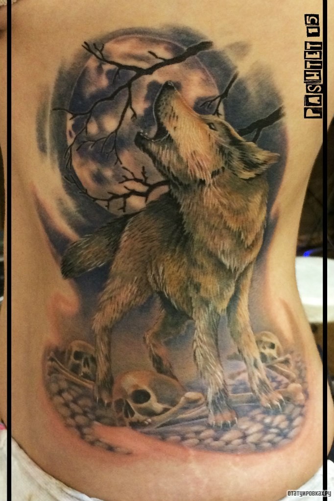 Фотография татуировки под названием «Волк с черепами воет на луну»