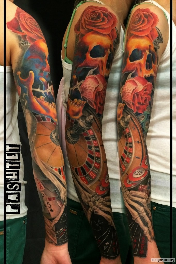 Фотография татуировки под названием «Казино, череп, роза»