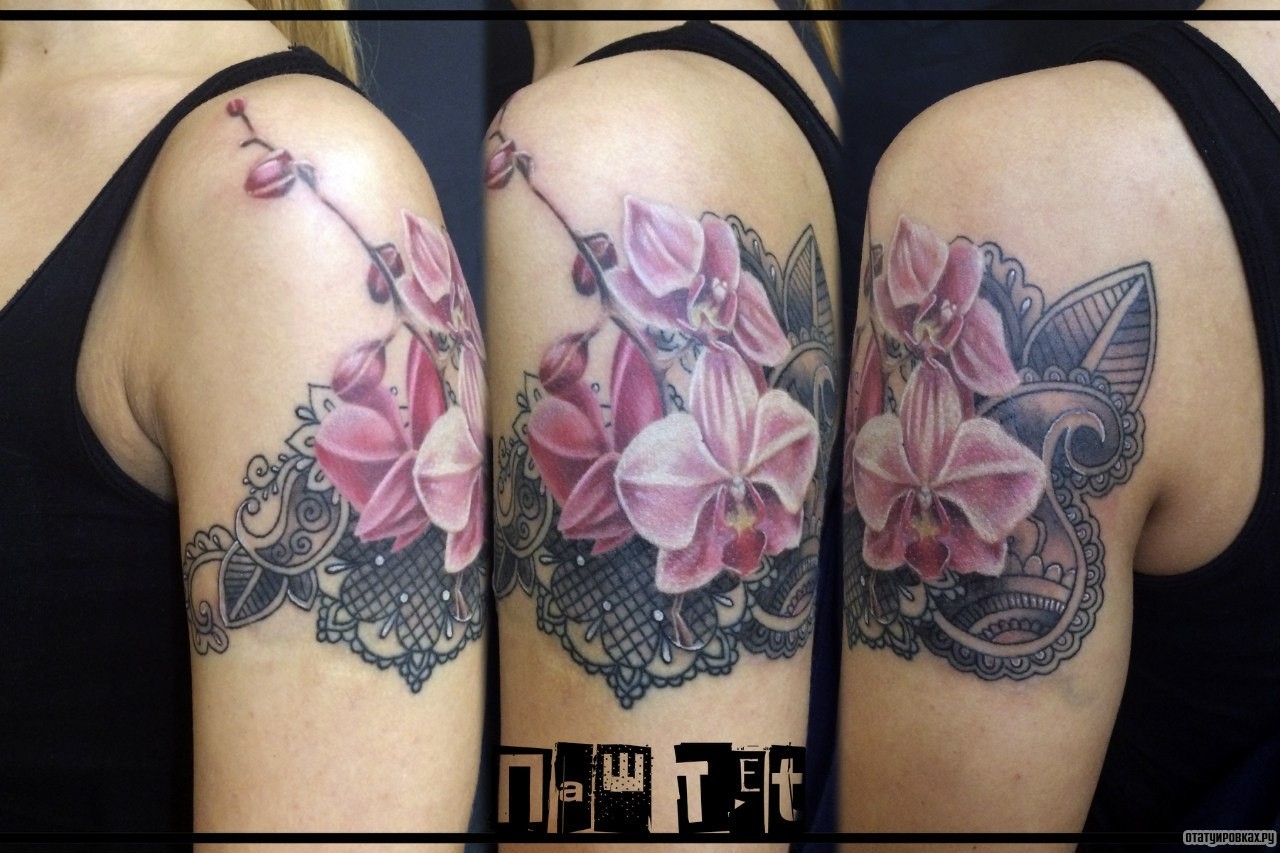 Фотография татуировки под названием «Розовые орхидеи и узор»