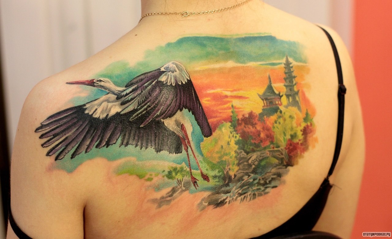 Фотография татуировки под названием «Аист на фоне замка»