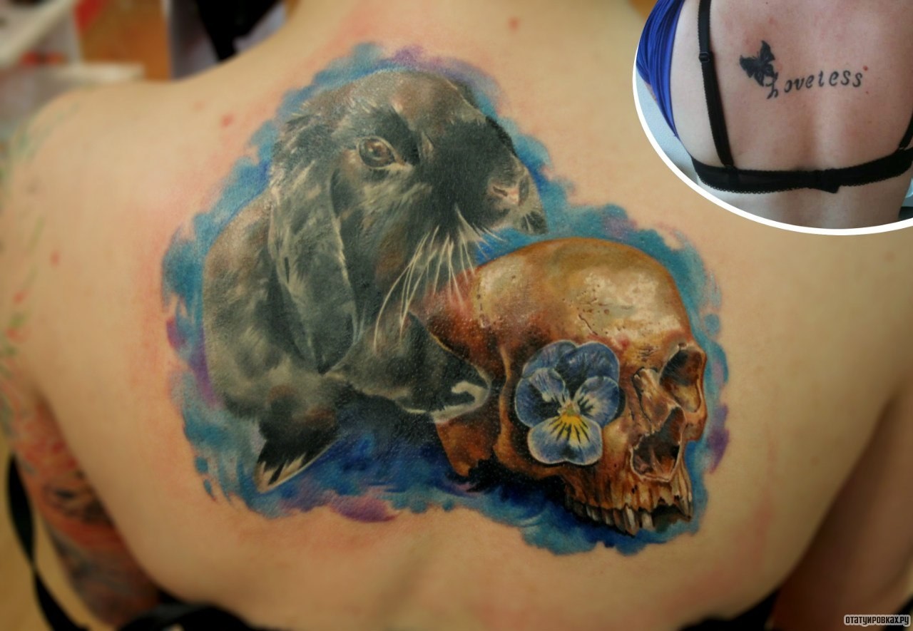 Фотография татуировки под названием «Кролик и череп с орхидеей»