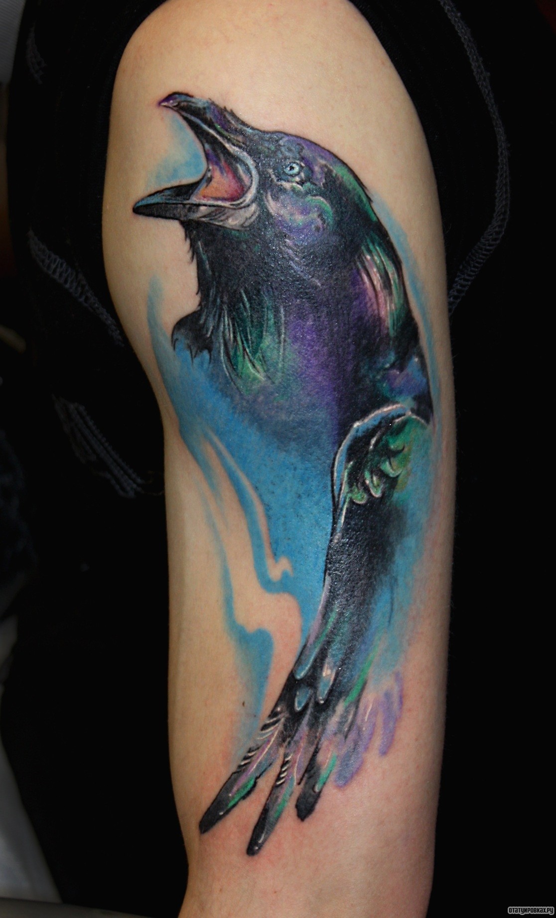 Фотография татуировки под названием «Ворона открыв клюв»