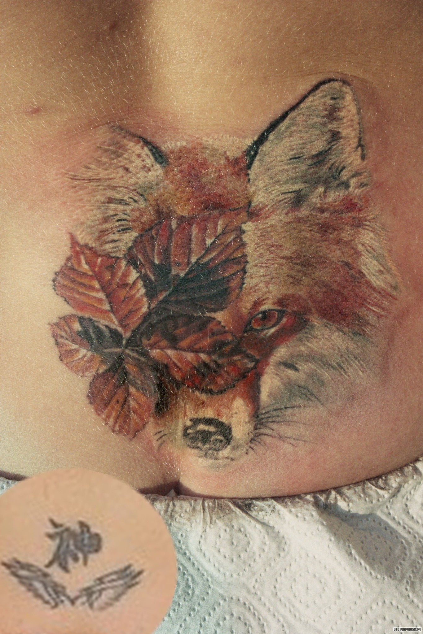 Фотография татуировки под названием «Лиса под листом»