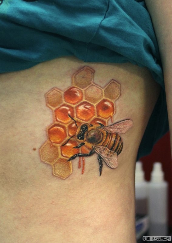Фотография татуировки под названием «Пчела и соты»