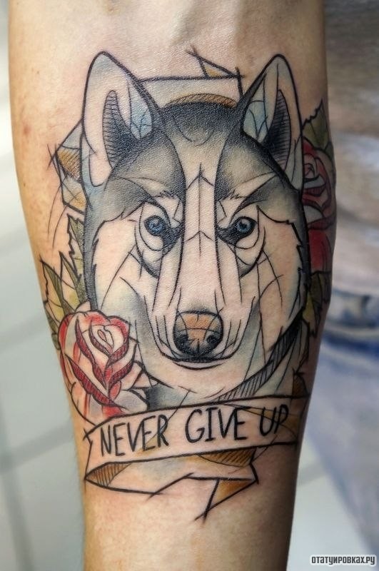 Фотография татуировки под названием «Волк, роза и надпись»