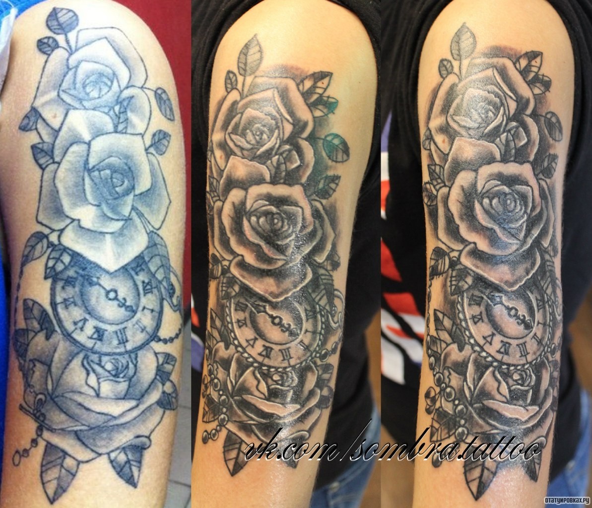 Фотография татуировки под названием «Розы и часы»