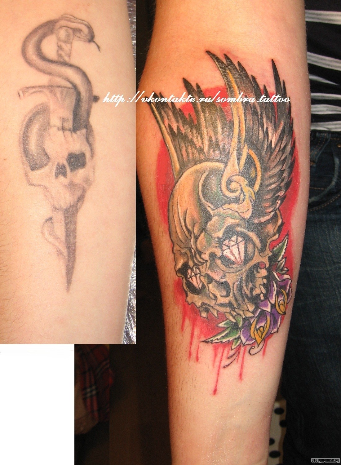 Фотография татуировки под названием «Череп, крылья и розы»