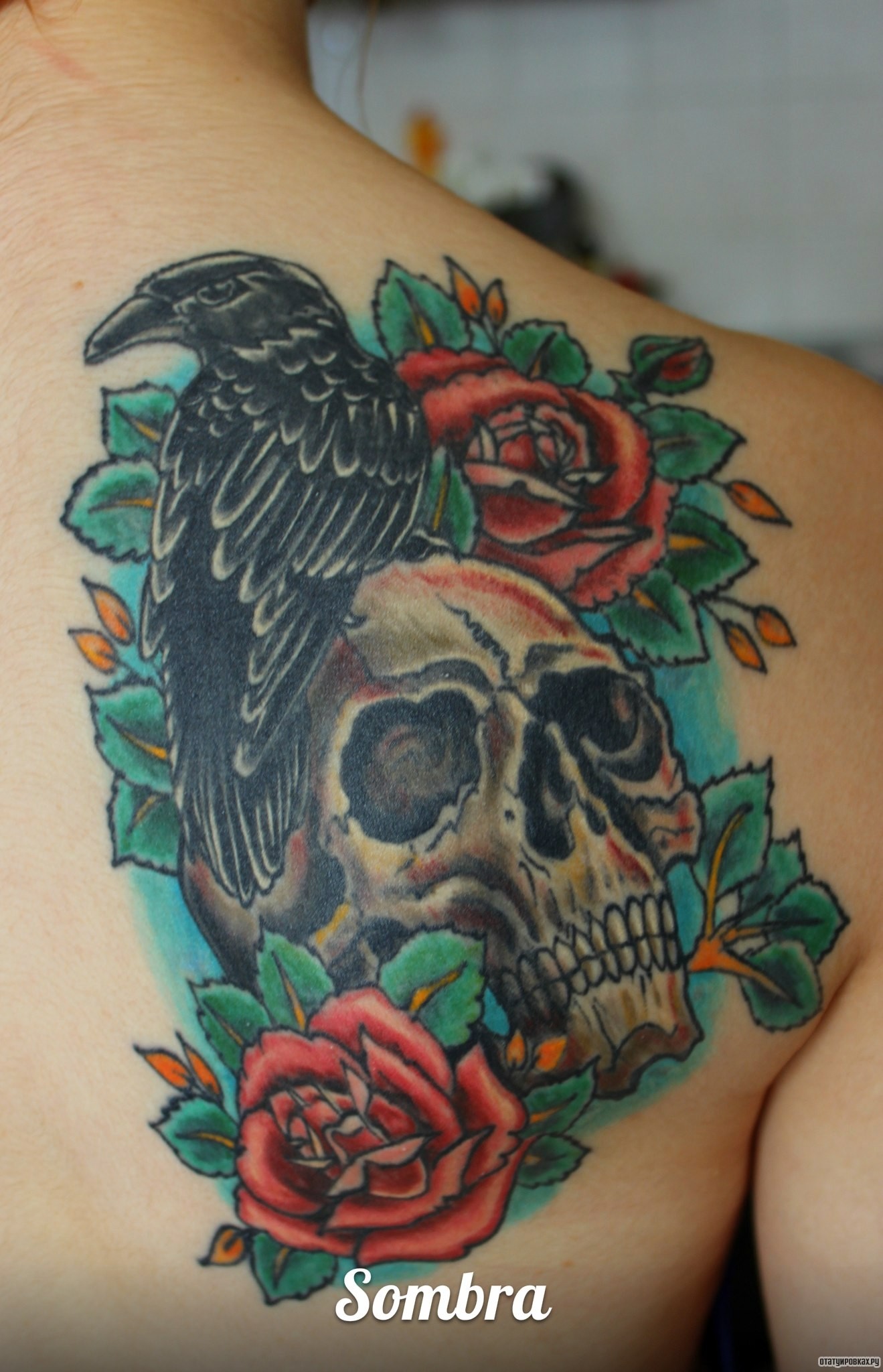 Фотография татуировки под названием «Череп, ворон, розы»
