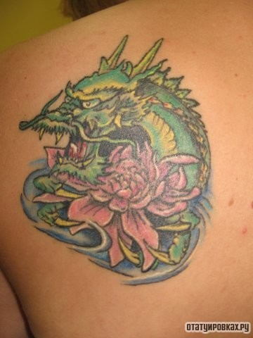 Фотография татуировки под названием «Дракон и лотос»