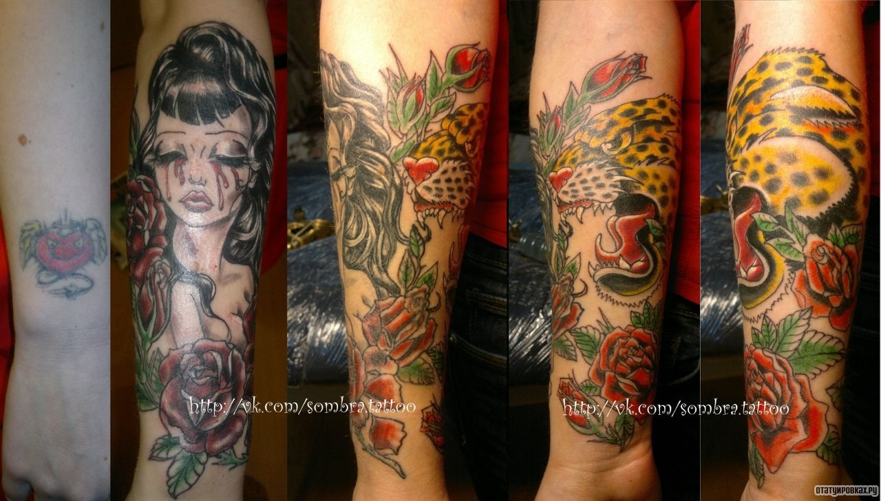 Фотография татуировки под названием «Тигр и заплаканная девушка»